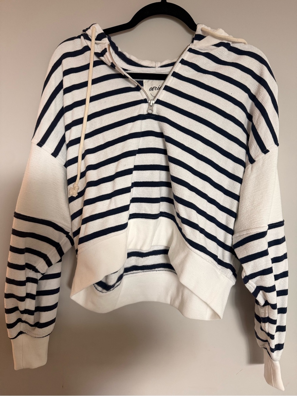 Aerie Striped Half-Zip Hooded Pullover Sweatshirt - White/Navy